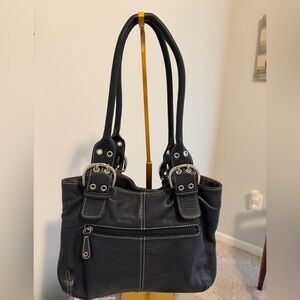 Tignanello - vintage deep blue pebbled leather double handle shoulder bag 11x7